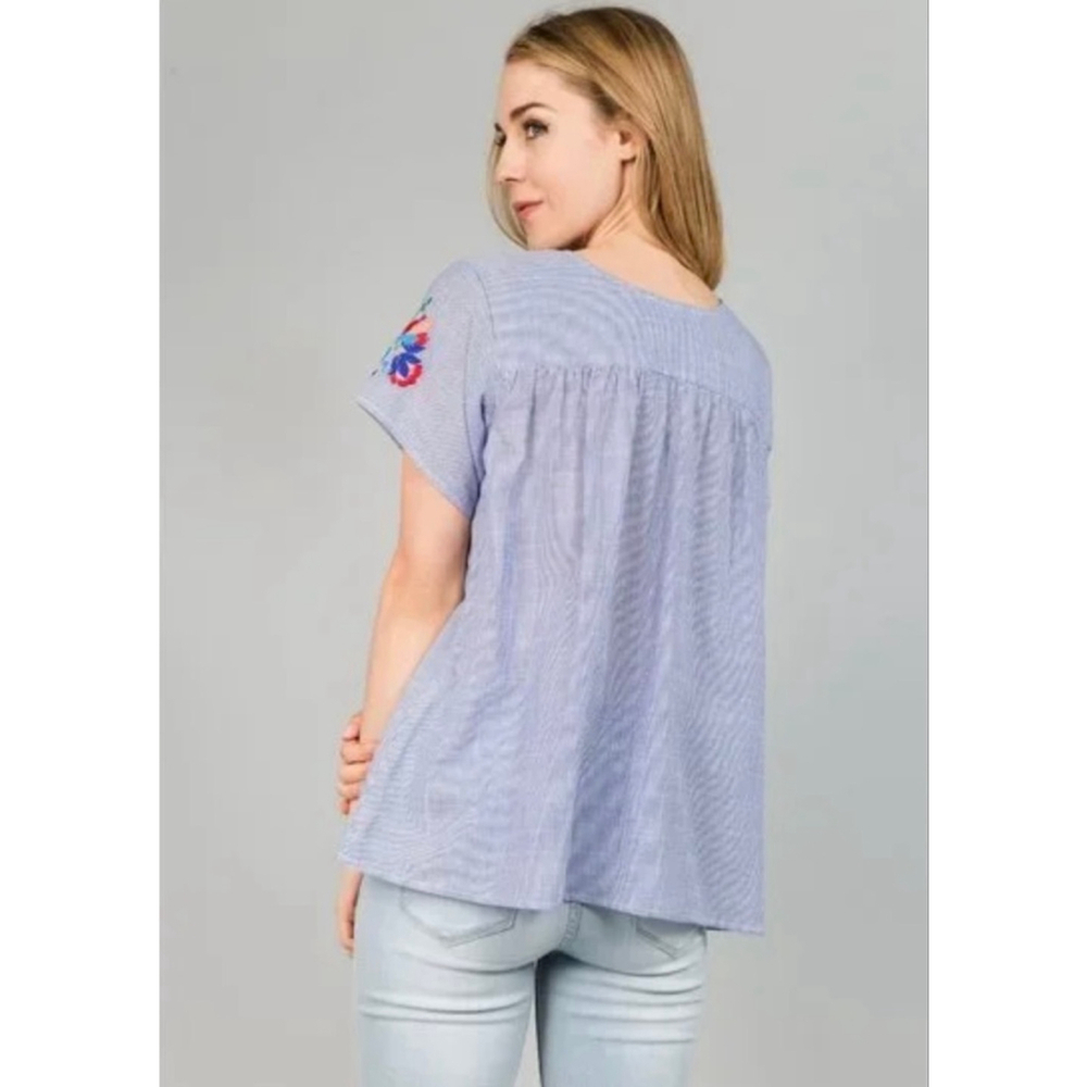 Embroidered Floral Peasant Blouse | Short Sleeve Boho Top - Picture 2 of 14